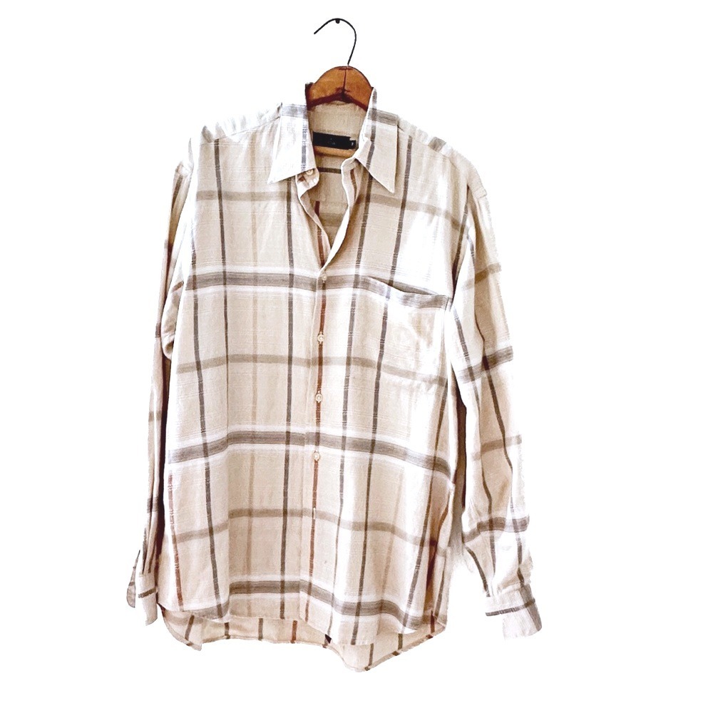 Ike Behar Button Down Shirt Beige Cotton Silk Plaid - M